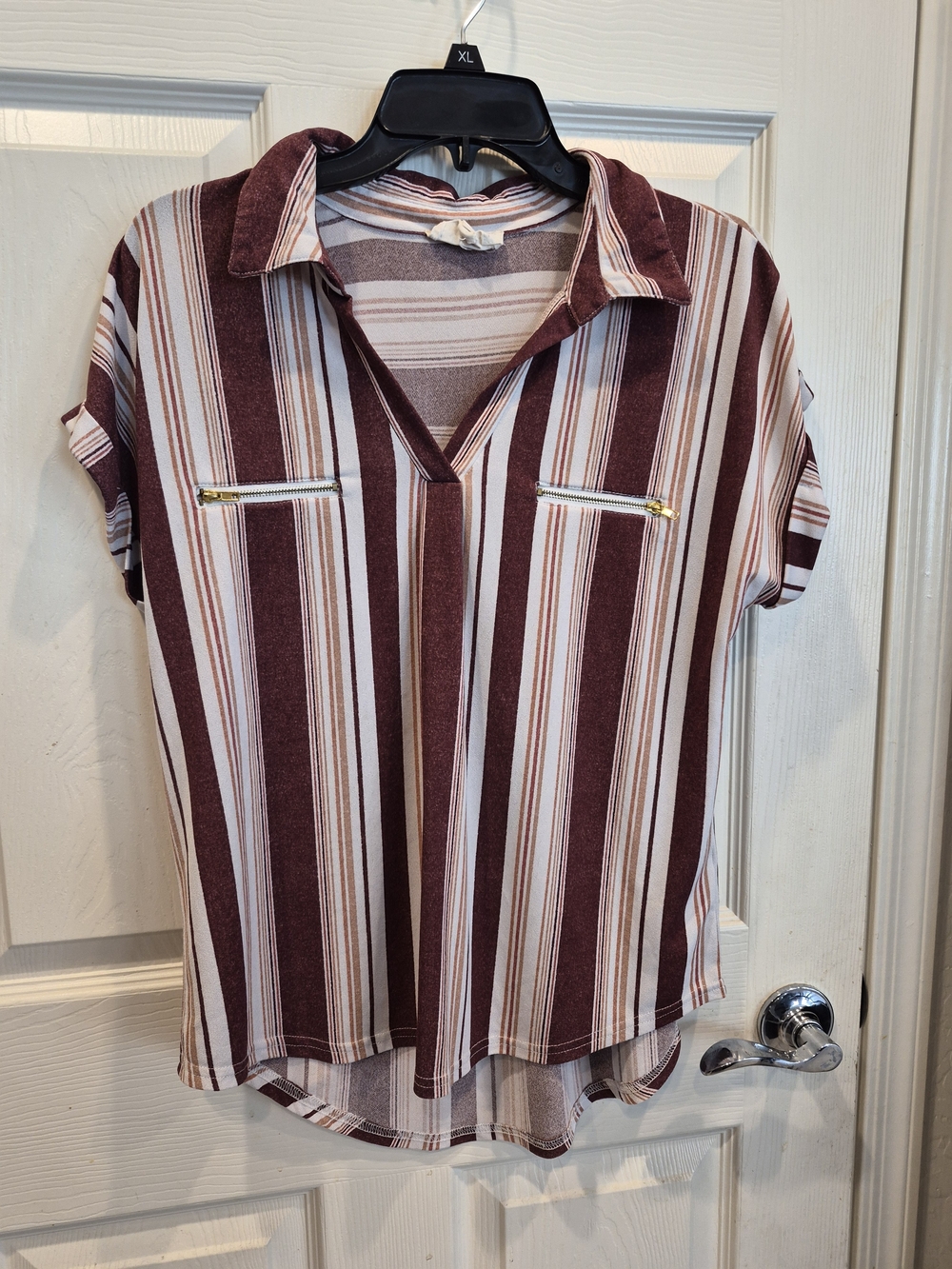 Striped Collared V-Neck Short Sleeve Blouse - Burgundy/White